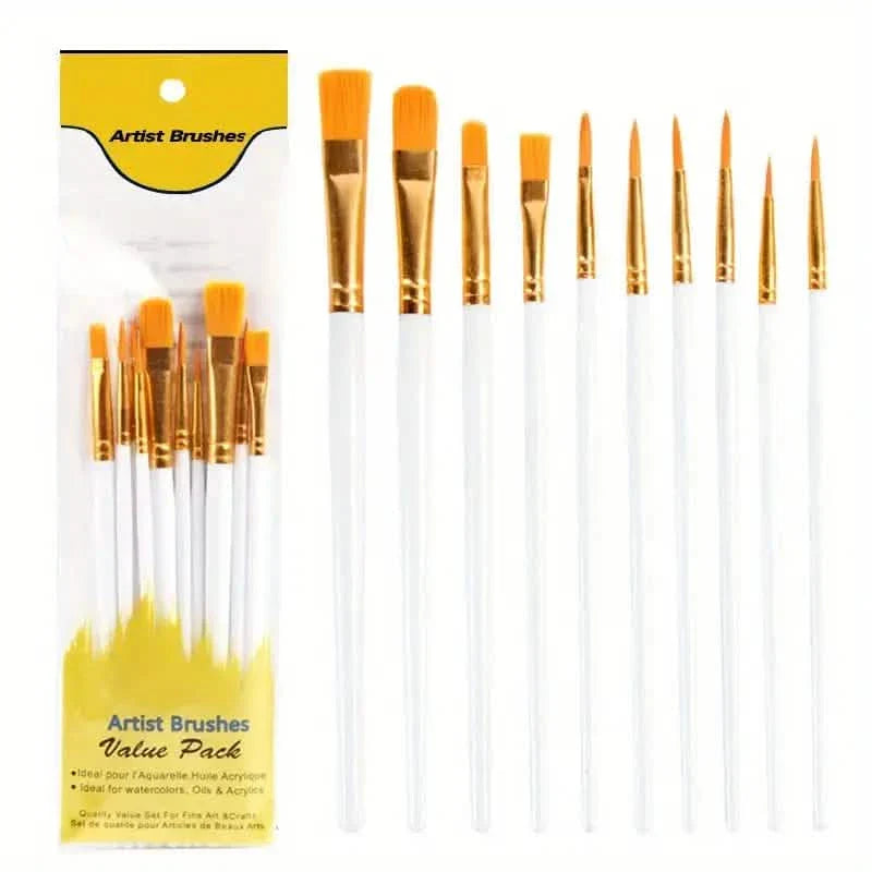 10-Pieces: Artist Paintbrush Nylon Round Pointed Flat Head Set