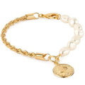 18K Gold Rope and Pearl Bracelet with Coin Charm 8"
