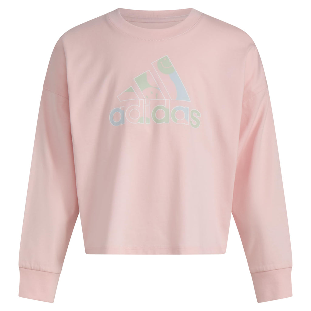 adidas Girls Little Long Sleeve Waist Crew Tee T-Shirt Pink with Multicolor