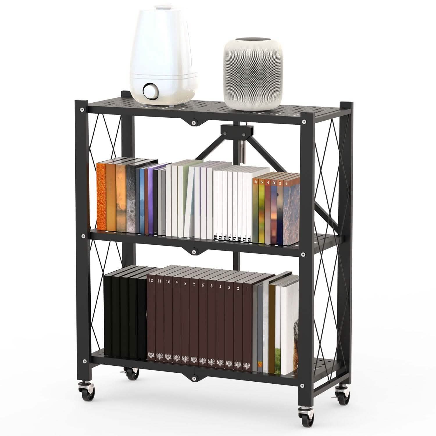 3-Tier Foldable Storage Shelf with Lockable Wheels No Assembly