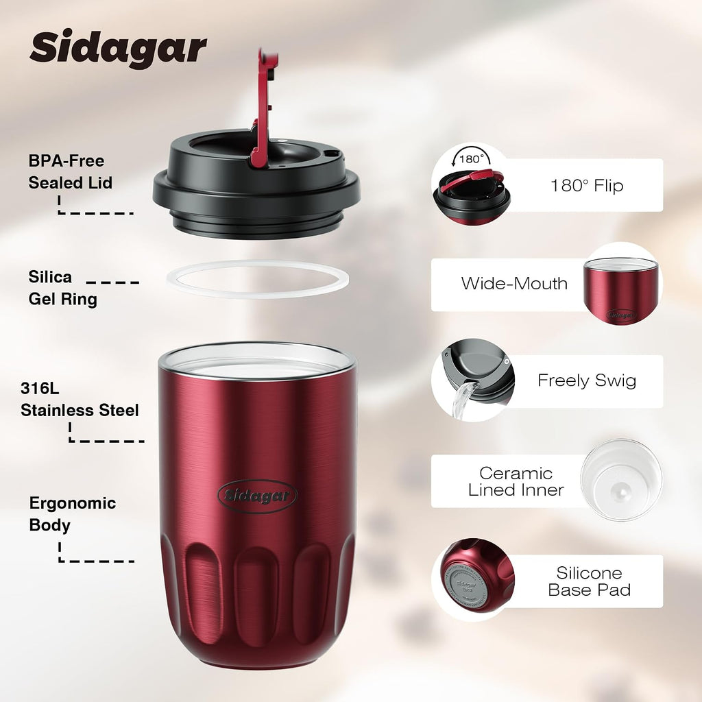 Travel Coffee Mug 14 oz Ceramic Lined Tumbler, Double Wall Stainless Steel Coffee Cup with Lid, Vacuum Spill Proof Mini Water Bottle, Insulated Thermal Mug for Home Office, Red