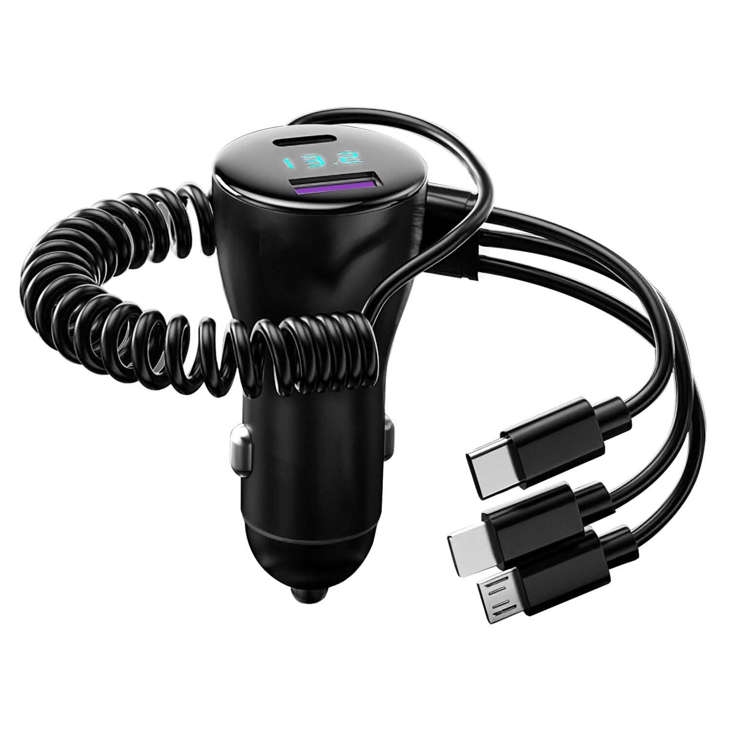 5-in-1 Fast Charge Car Charger QC PD USB Type C LT 5 Port with 4ft Coiled Cable