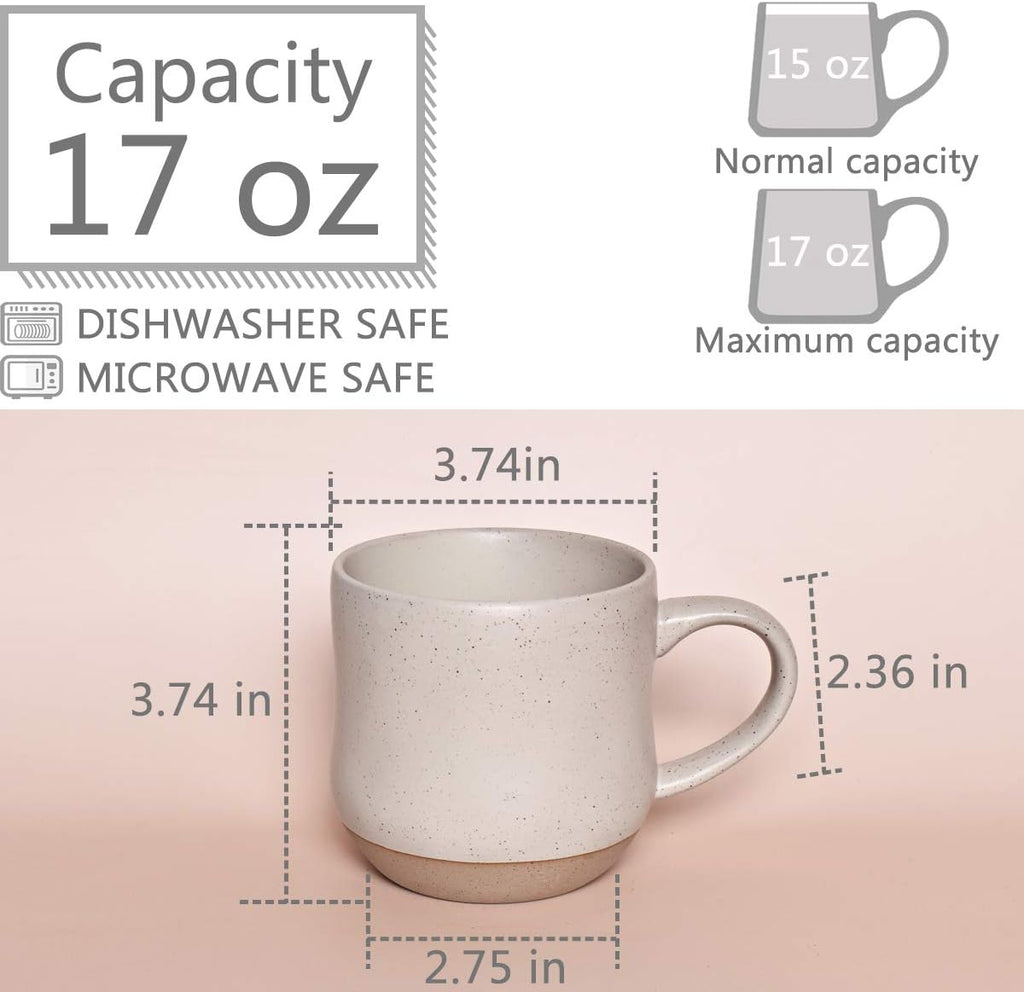 Bosmarlin Large Stoneware Speckled Coffee Mugs Set of 2, Big Ceramic Tea Cup, 17 Oz, Dishwasher and Microwave Safe (White, 2)