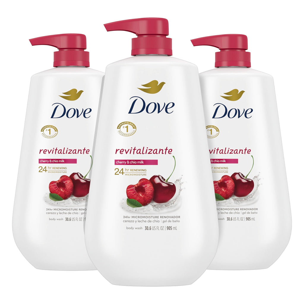 Dove Body Wash with PumpRevitalizante Cherry & Chia Milk 3 Count for Renewed Healthy Looking Skin Moisturizing Gentle Skin Cleanser with 24hr Renewing MicroMoisture 30.6 oz
