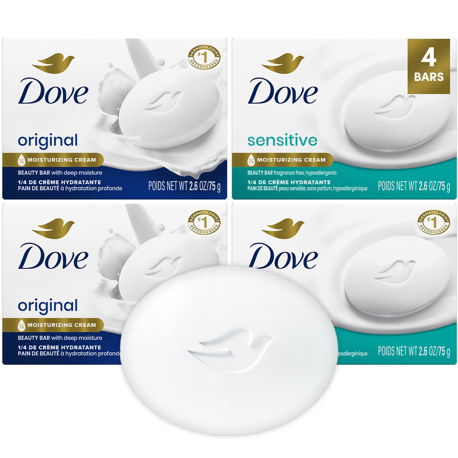 Dove Beauty Bar Soap Variety 4-Pack – Sensitive Skin Fragrance-Free + Original with Moisturizing Cream 2.6 Oz Ea