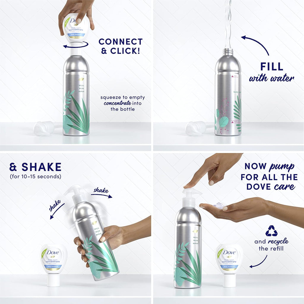 Dove Body Wash Aluminum Reusable Bottle and Concentrate Refill (2x) Starter Kit for Instantly Soft Skin Shea and Warm Vanilla for Skin Care and Lasting Nourishment 4oz (makes 16oz)