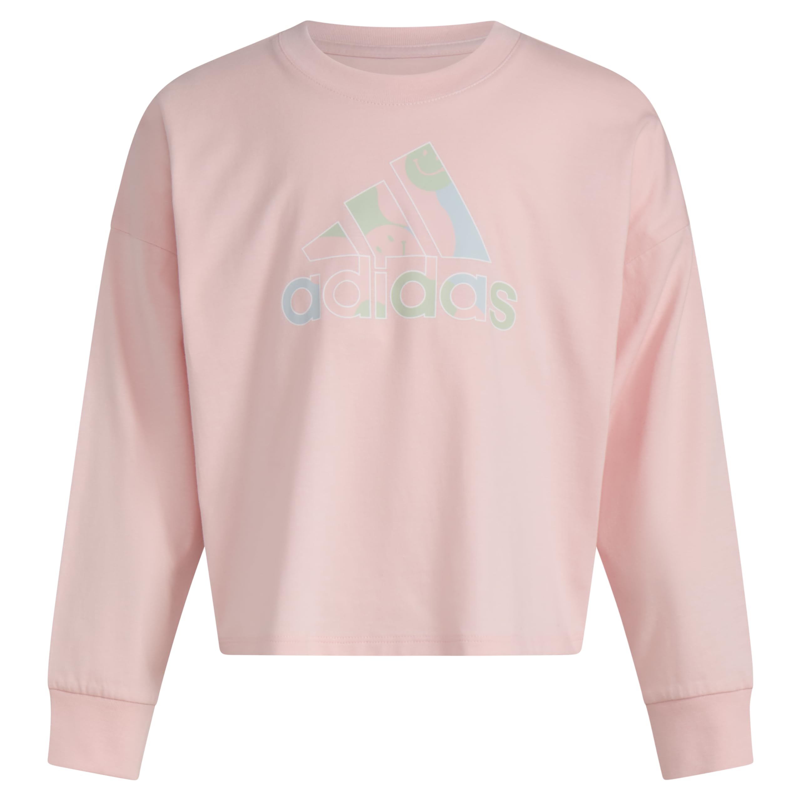 adidas Girls Little Long Sleeve Waist Crew Tee T-Shirt Pink with Multicolor