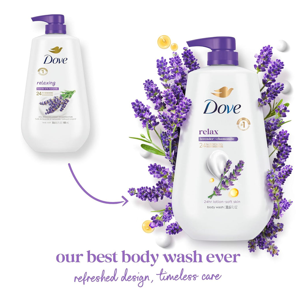 Dove Body Wash with Pump Relaxing Lavender Oil & Chamomile 3 Count for Renewed, Healthy-Looking Skin Gentle Skin Cleanser with 24hr Renewing MicroMoisture 30.6 oz