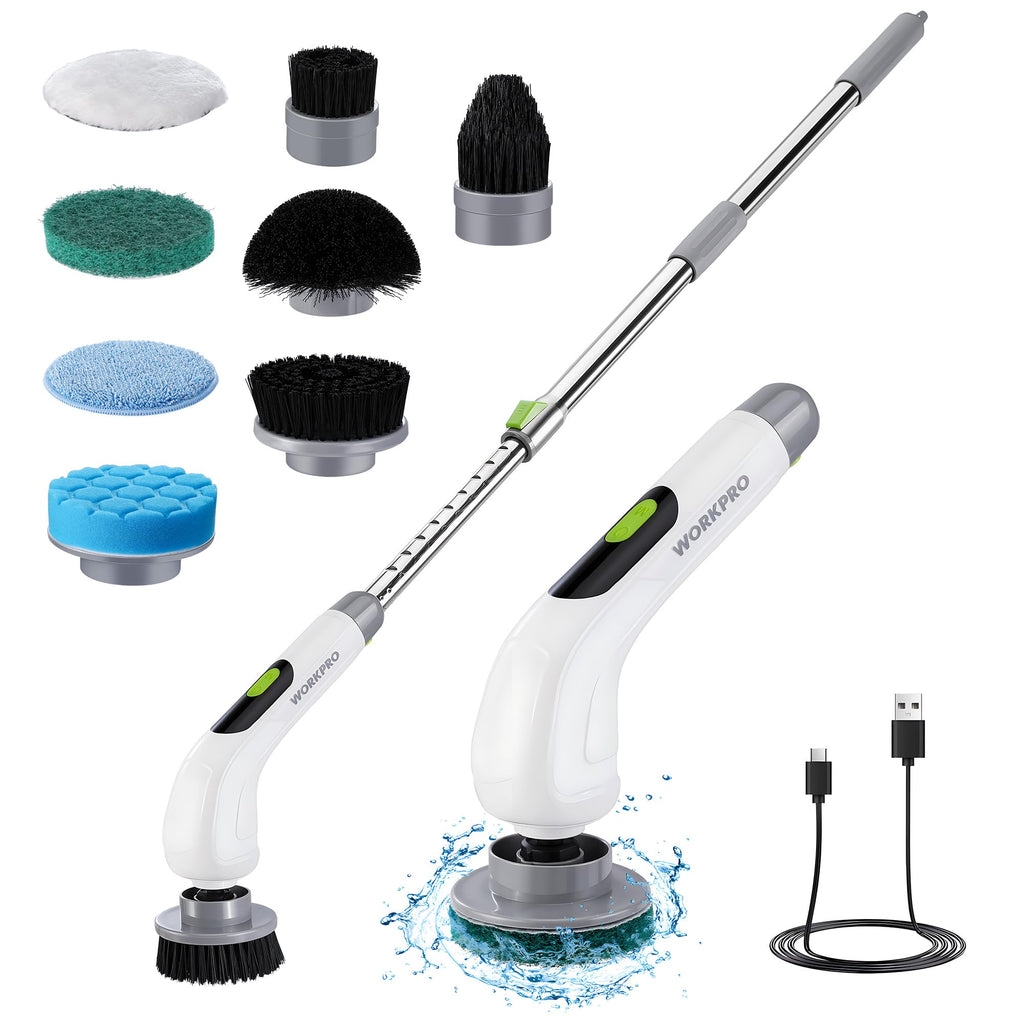 WORKPRO Electric Spin Scrubber Cordless Cleaning Brush Shower Scrubber with Long Adjustable Handle & 3-Speed 8 Replaceable Brush Heads Spin Brush for Cleaning Kitchen Bathroom Bathtub and Floor