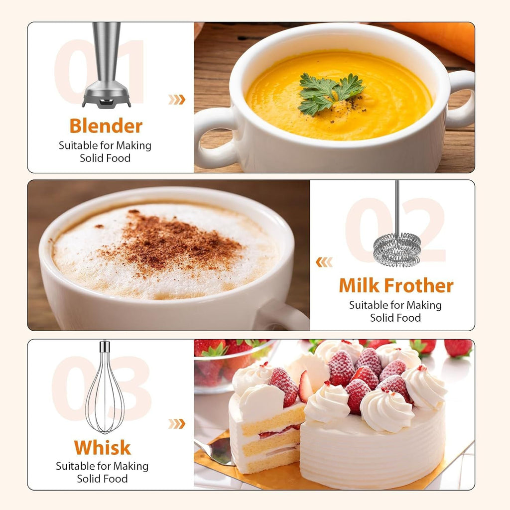 KOIOS Immersion Blender, 1000W Anti-scratch 3-in-1 Hand Blender, Upgraded 12 Speed Stainless Steel Blade Stick Blender with Turbo Mode, Whisk and Milk Frother, B PA-F ree