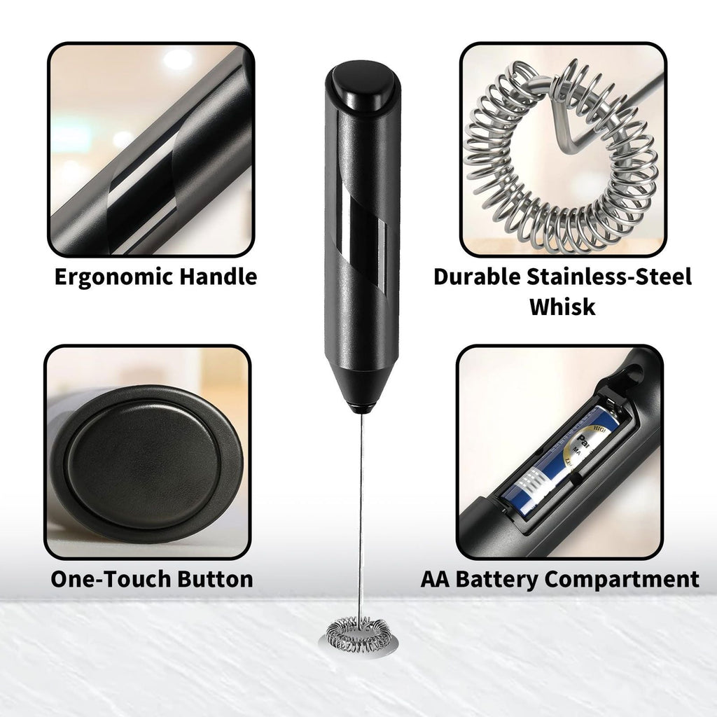 Milk Frother, Handheld Electric Blender stick, Drink Mixer with F ood G rade Stainless Steel Stirrer, Battery Operated Foam Maker for Coffee, Cappuccino, Frappe, Matcha, Hot Chocolate Latte