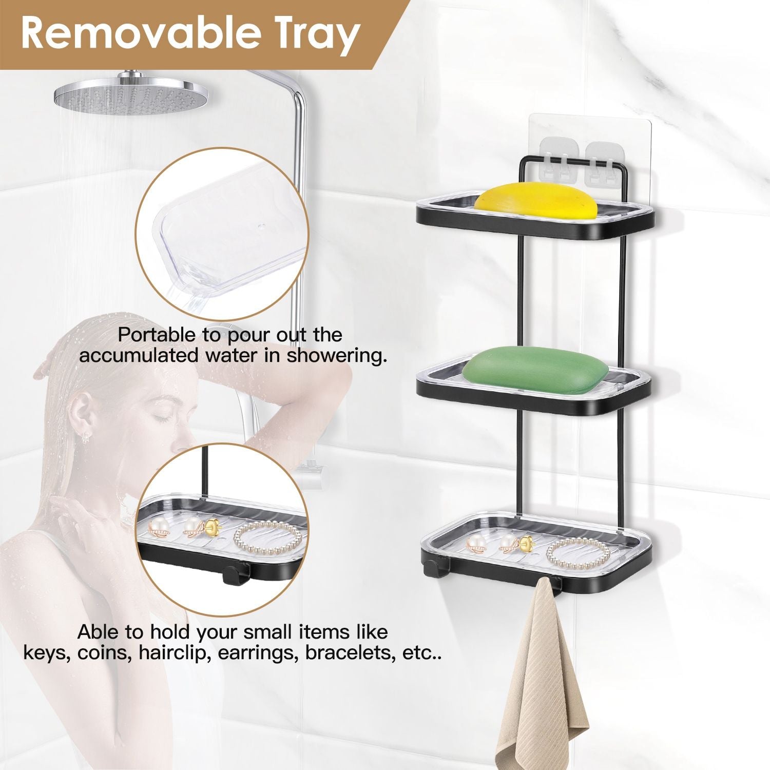 Soap Dish Soap Bar Holder Square Soap Rack Wall Mounted S Bar Shower Bathroom Self with 2 Hooks