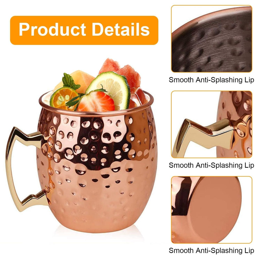 4Pcs Moscow Mule Mugs 18OZ Copper Plating Cocktail Cup Set With Straws Stainless Steel Lining Hammered Cups For Wine Beer Cocktail Cold Drinks