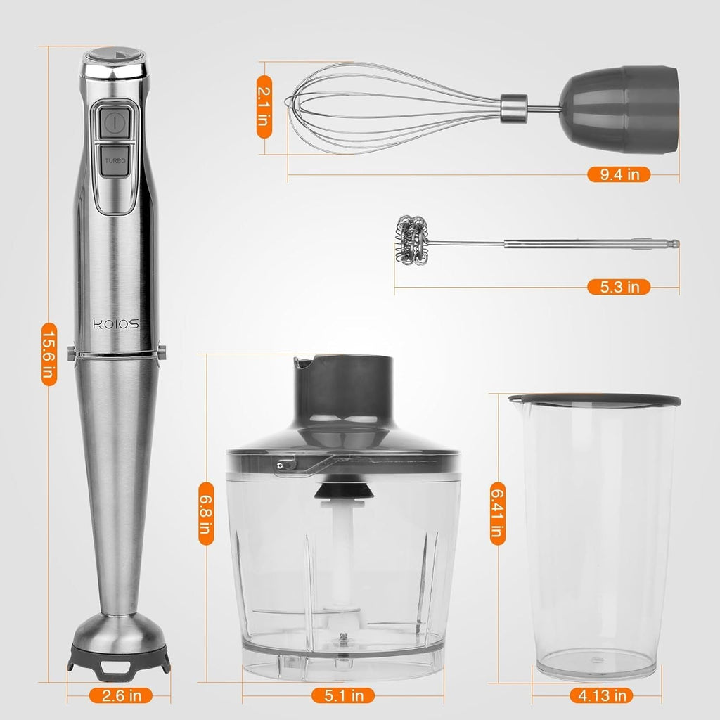 KOIOS 1100W Immersion Hand Blender, Stainless Steel Stick Blender with 12-Speed & Turbo Mode, 5-in-1 Handheld Blender with 600ml Mixing Beaker with Lid, 500ml Chopper, Whisk, Milk Frother, B PA-F ree