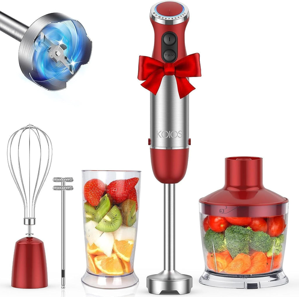 KOIOS 5-in-1 Hand Immersion Blender, 1000W 12 Speed Handheld Blender, Copper Motor Stainless Steel Blade Stick Blender,600ml Mixing Beaker,500ml Food Processor, Whisk, Milk Frother, B PA-F ree, Red