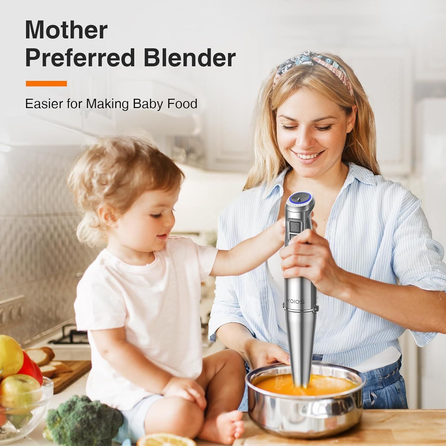 KOIOS 1100W Immersion Hand Blender, Stainless Steel Stick Blender with 12-Speed & Turbo Mode, 5-in-1 Handheld Blender with 600ml Mixing Beaker with Lid, 500ml Chopper, Whisk, Milk Frother, B PA-F ree