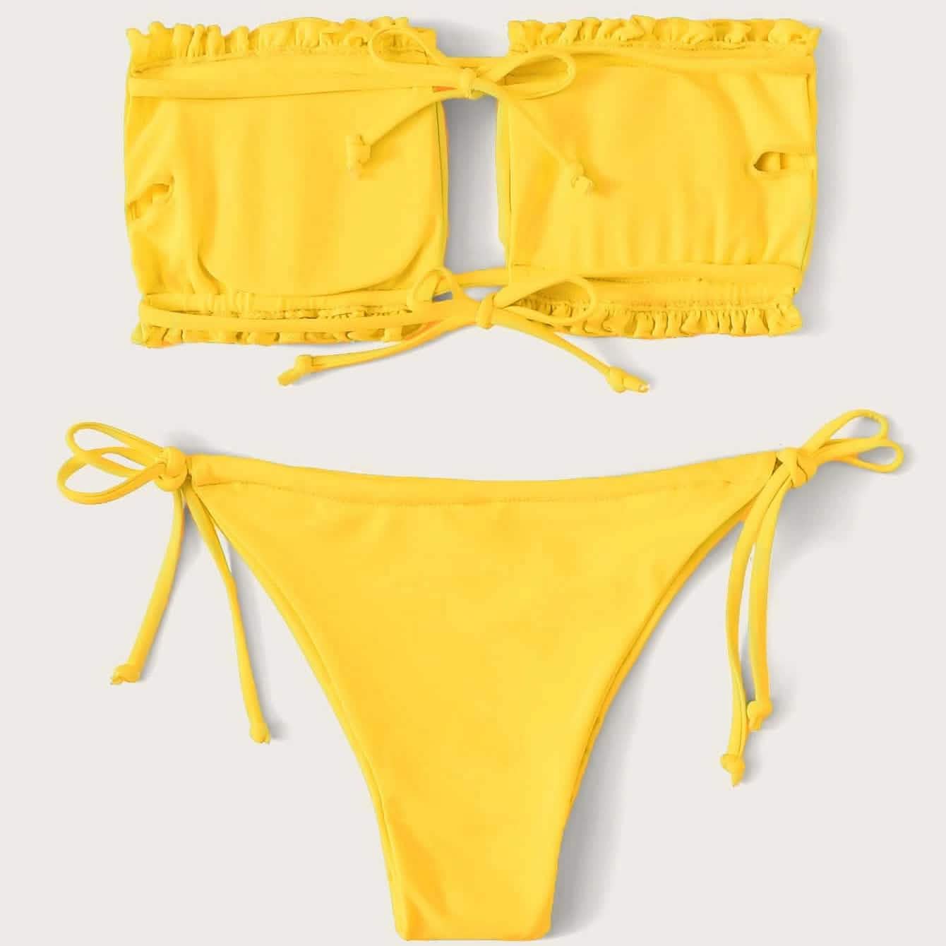 Frill Trim Bandeau Tie Side Bikini Swimsuit