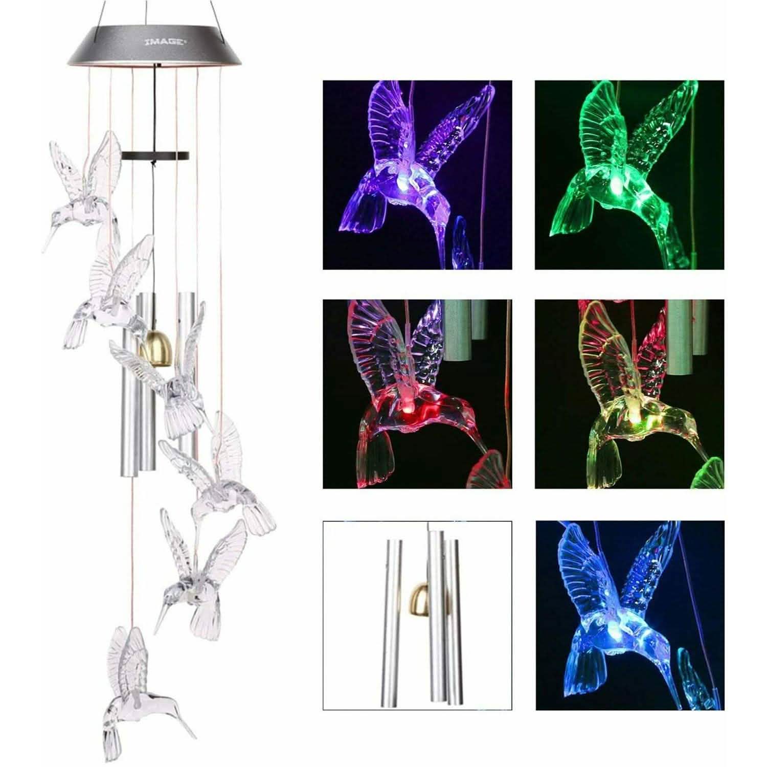 Solar Color Changing LED Hummingbird Wind Chimes Light Tubes Bells Lamp Outdoor