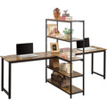 Two Person Computer Desk with Bookshelf Wood and Metal