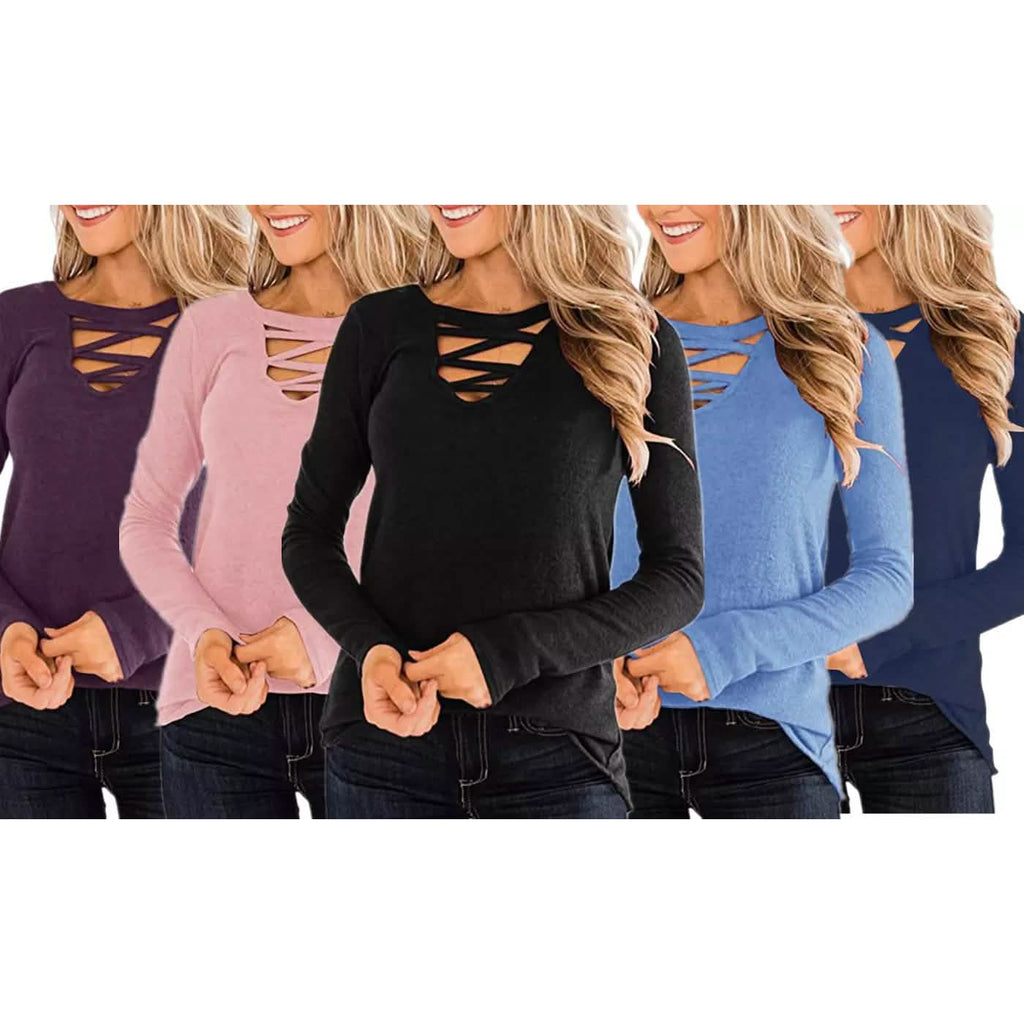 Women's Casual Long Sleeve T-Shirt Criss Cross V-Neck Basic Tees Tops